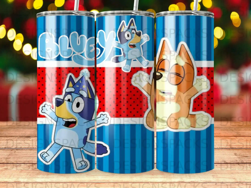 Bluey and Bingo characters on a blue striped tumbler with red polka dots.