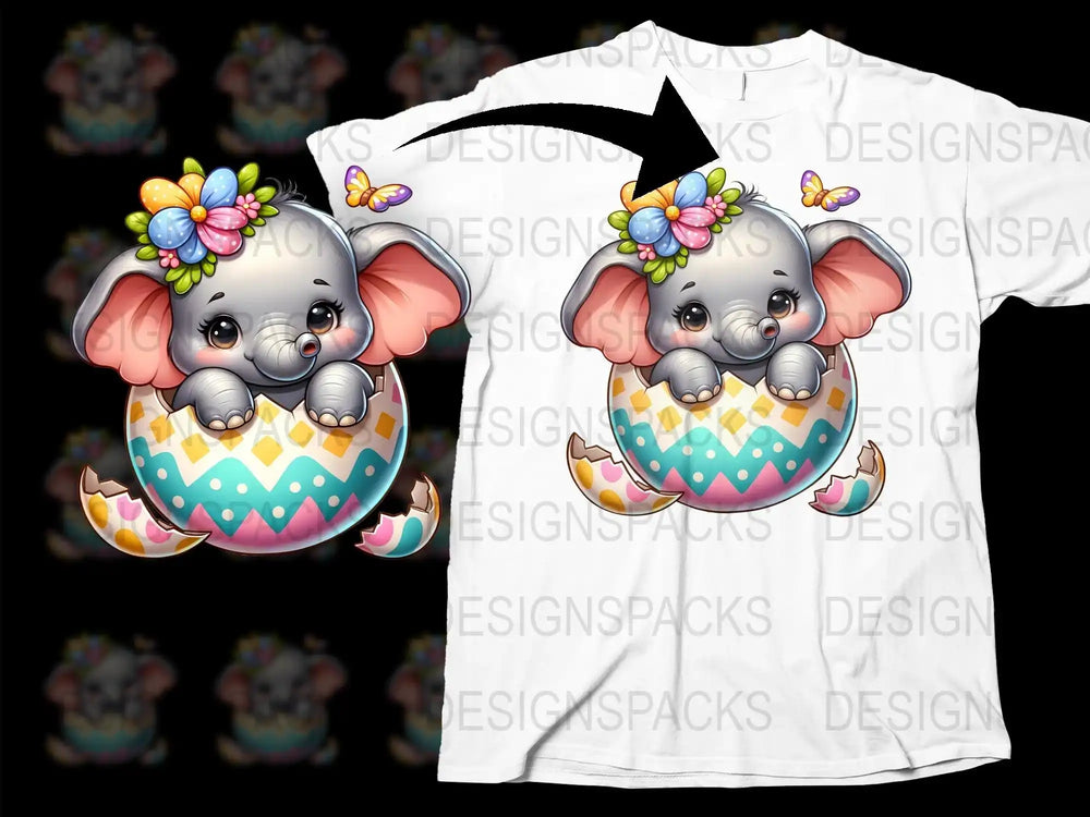 Cute elephant in Easter egg with floral crown, print-ready design for t-shirts