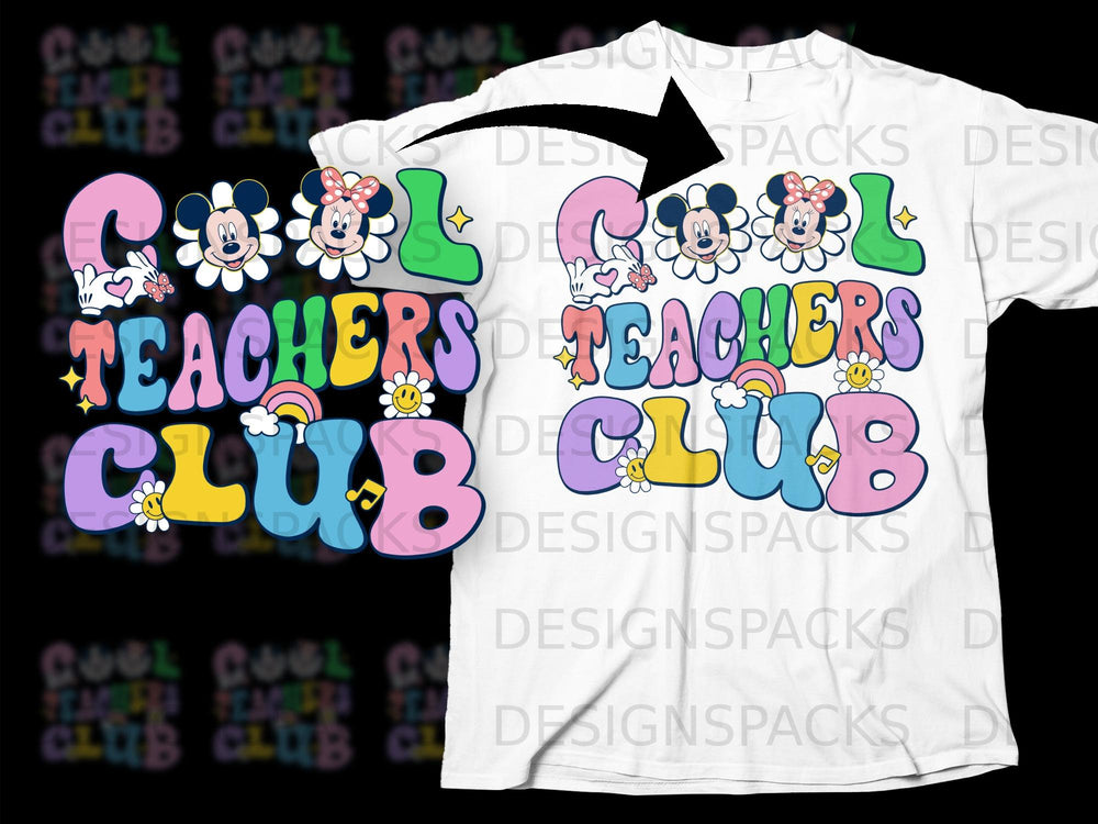 Retro groovy graphic with "Cool Teachers Club" in colorful wavy text and Mickey Mouse characters.