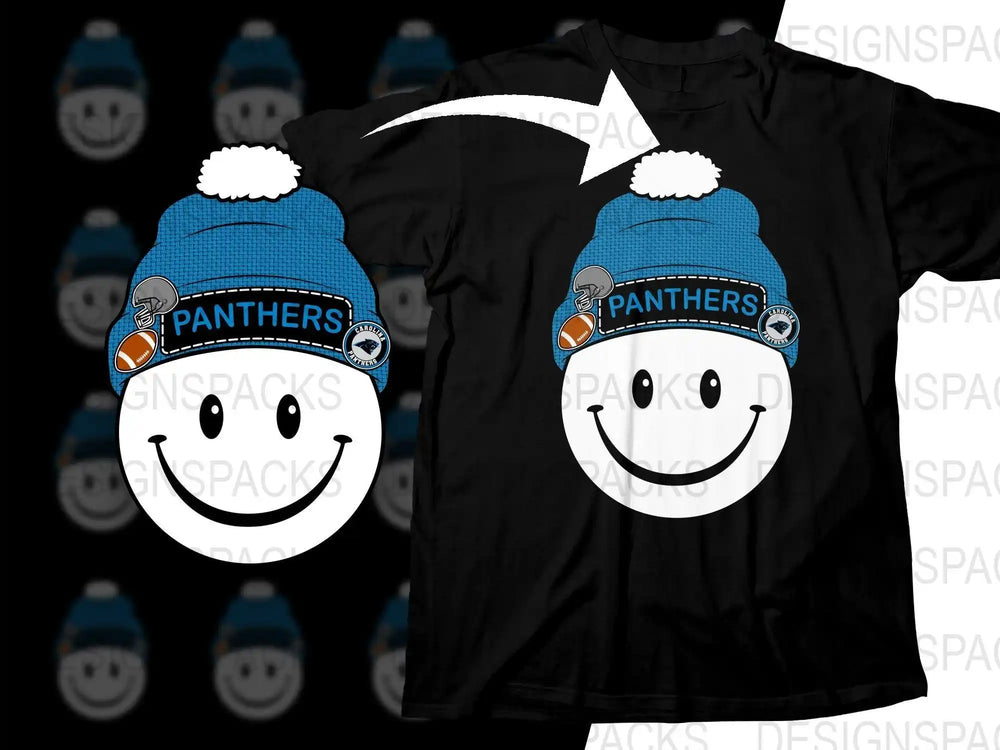 Carolina Panthers smiley face in blue beanie, football & helmet design on black t-shirt, print-ready SVG