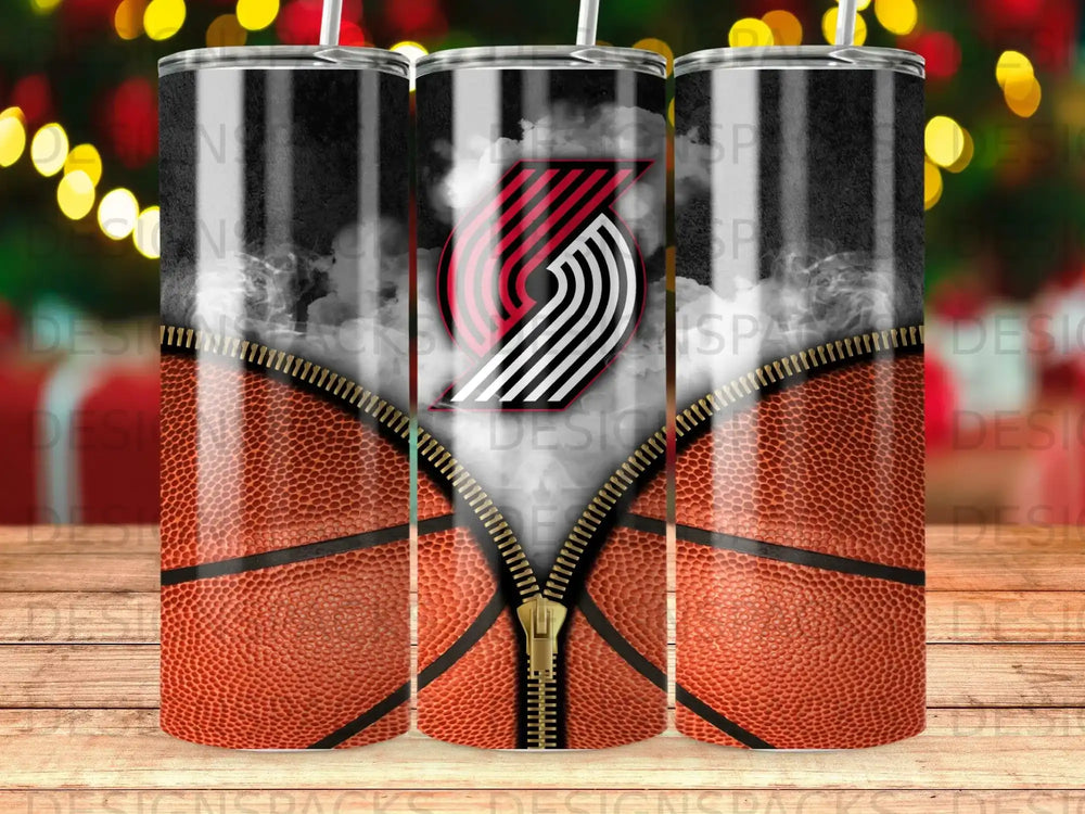 Portland Trail Blazers basketball tumbler with team logo and zipper detail.