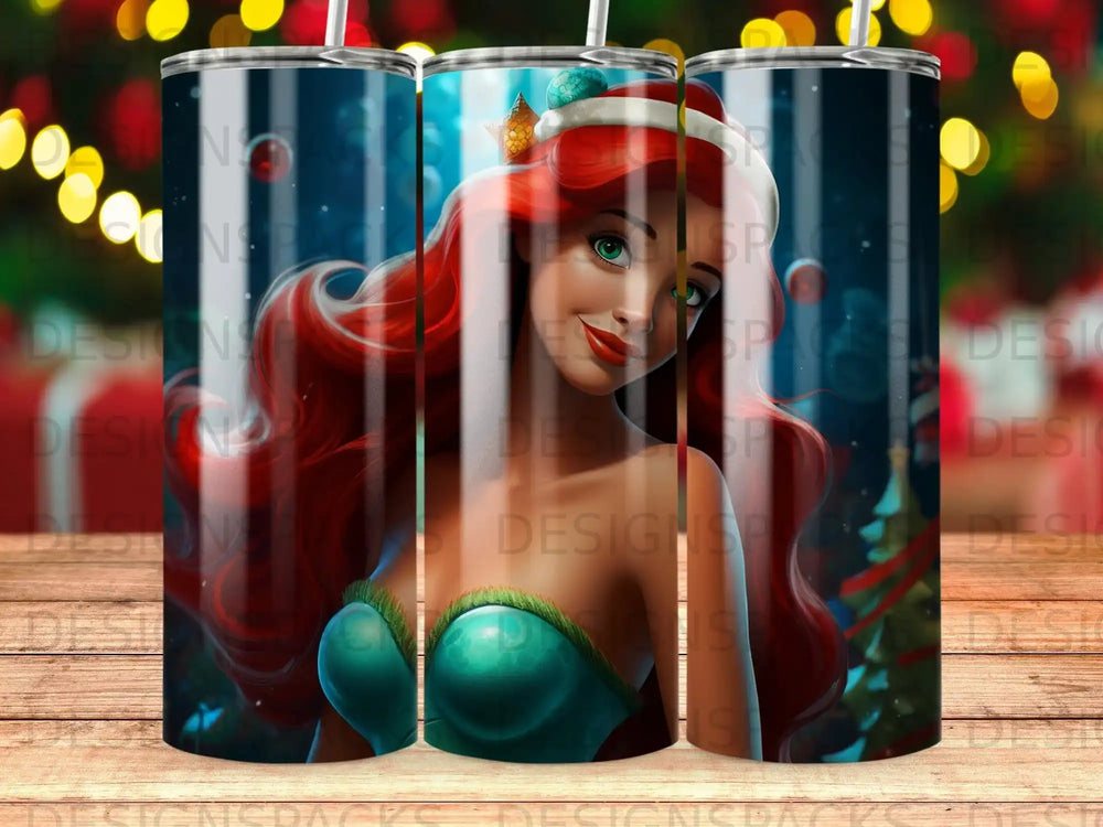 Ariel the mermaid in a turquoise seashell bra with a Santa hat.