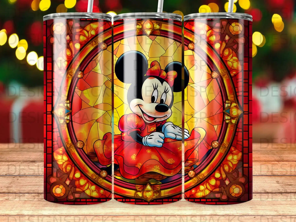 Minnie Mouse in a red dress with stained glass border.