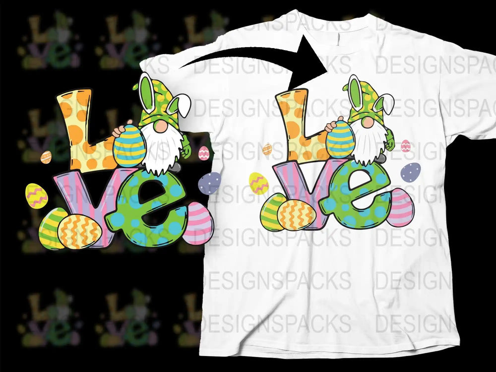 Easter gnome design with colorful eggs and 'LOVE' text on white t-shirt