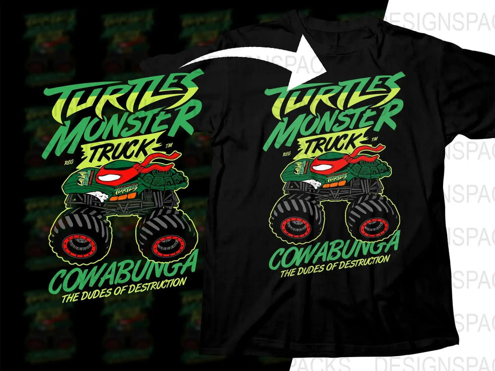 Turtles Monster Truck design on black t-shirt, Cowabunga, print-ready graphic for DTG/DTF