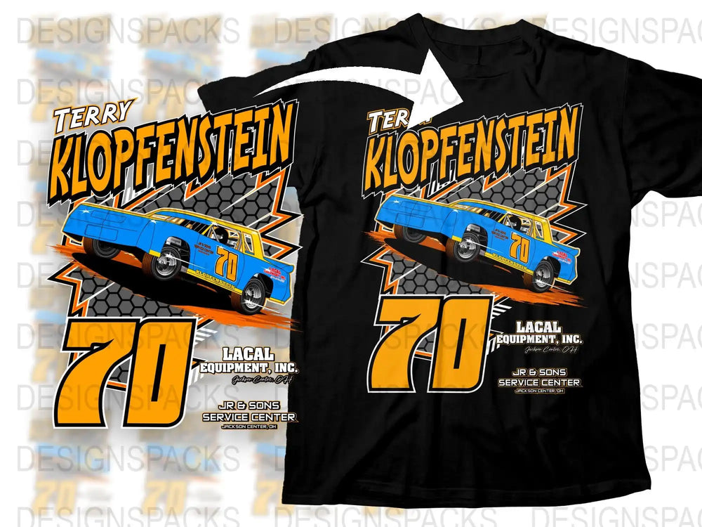 Racing-themed t-shirt design with blue car, number 70, and bold text for print-ready use.