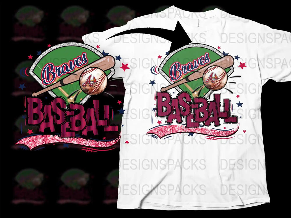 Braves Baseball t-shirt design with bat, ball, and glitter stars for DTF/DTG printing
