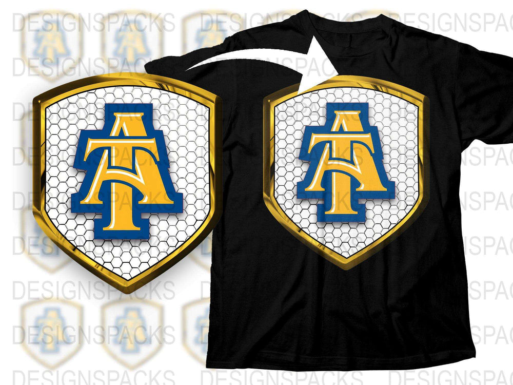Graphic T-Shirt Men's Athletic Shield Logo Design, Stylish Sports Casual Tee, Unique Hexagon Pattern, Yellow and Blue