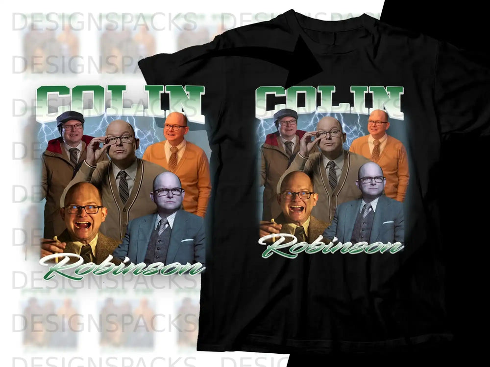 Colin Robinson artwork with text on black t-shirts.