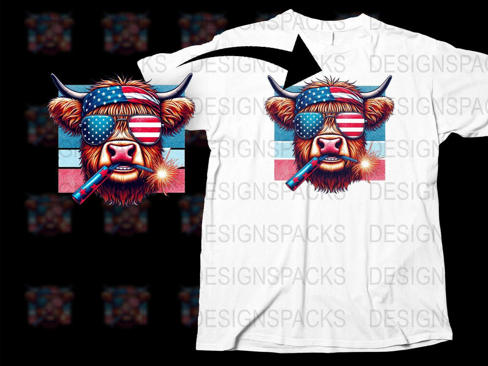 Patriotic Highland Cow T-Shirt, American Flag Sunglasses, Fireworks Background, Cool Animal Graphic Tee
