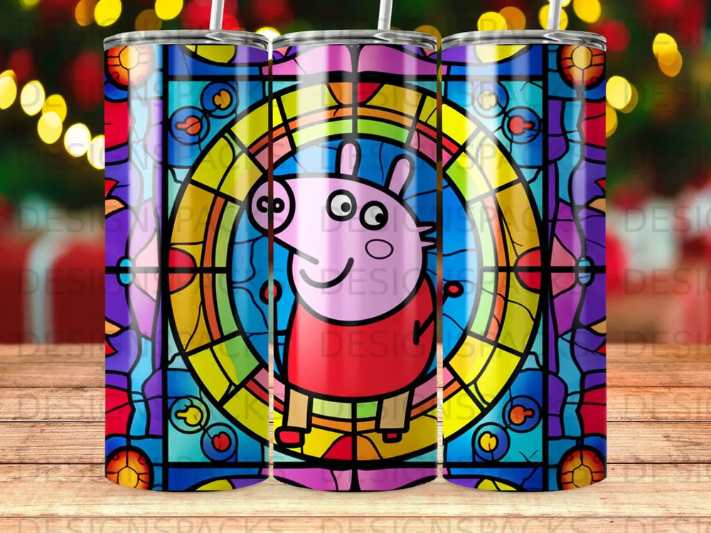 Peppa Pig character on a stained glass-style tumbler with a colorful background.
