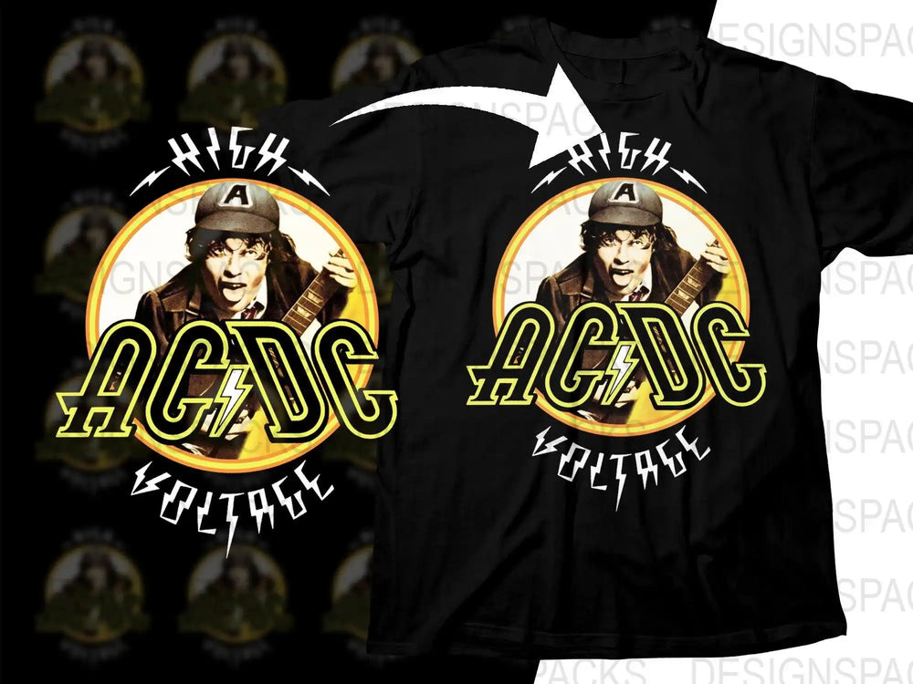 AC/DC High Voltage rock band t-shirt design with guitar player graphic for DTF/DTG printing
