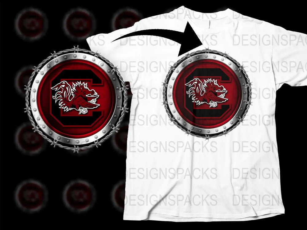 Print-ready t-shirt design with bold red and black logo, metallic frame, and barbed wire detail.