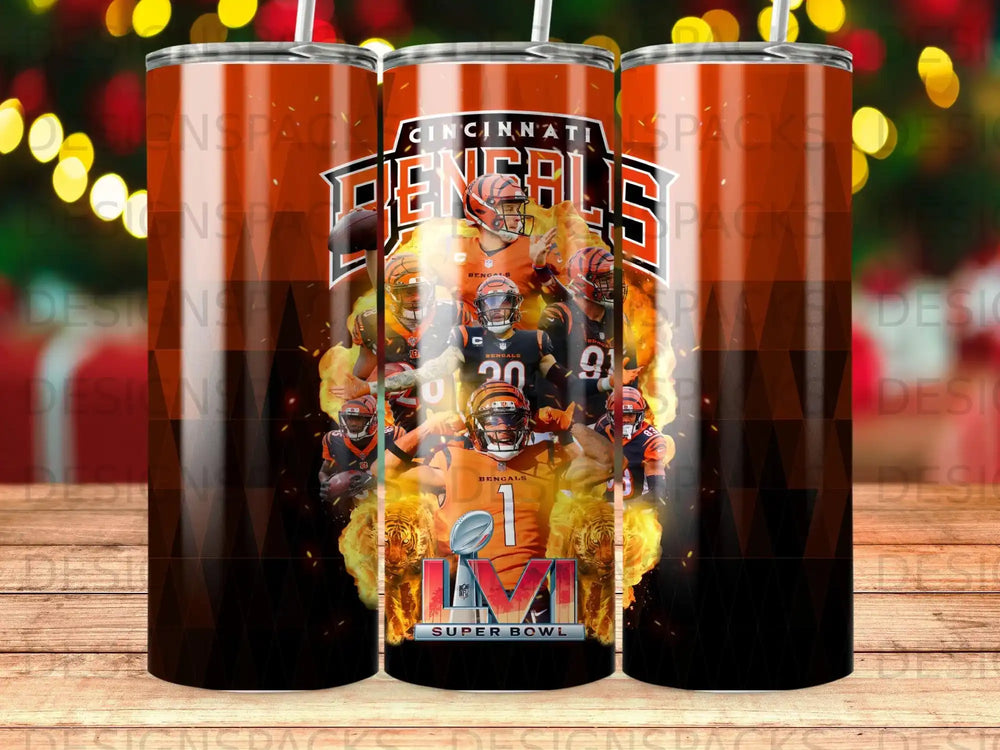 Cincinnati Bengals Super Bowl themed tumbler with team logo and players.
