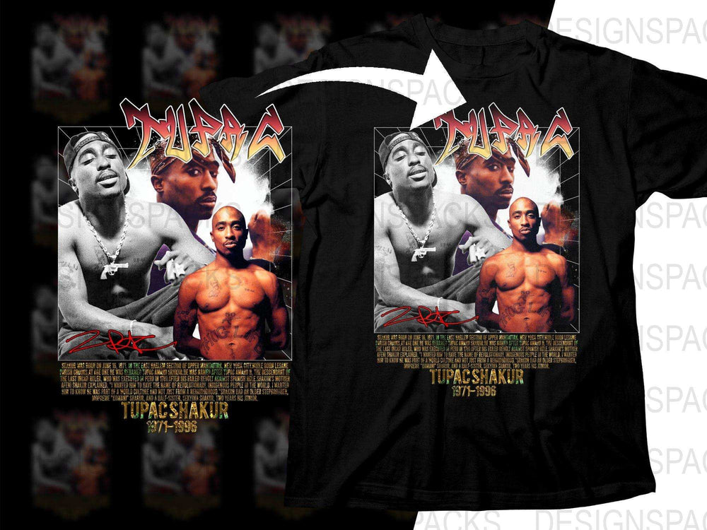 Tupac Shakur tribute t-shirt design with iconic photos and 1971-1996 text, print-ready for DTF/DTG