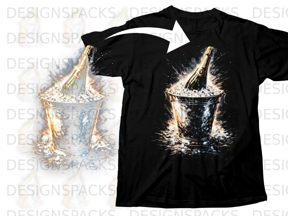 Black t-shirt with graphic of champagne bottle in ice bucket with splash.
