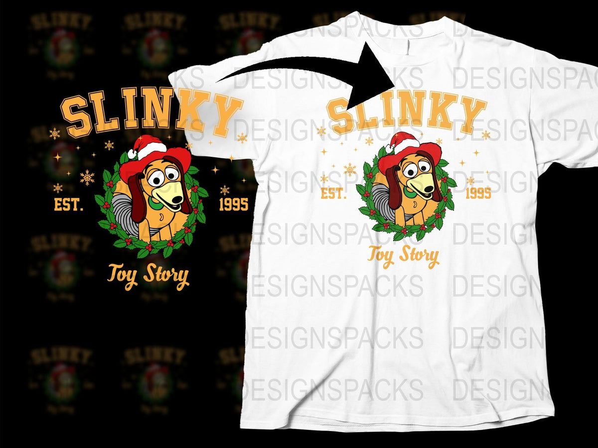 Toy Story Slinky Dog Christmas T-Shirt, Vintage 1995 Holiday Graphic Tee, Unisex Adult Clothing, Cartoon Movie Fan Gift.