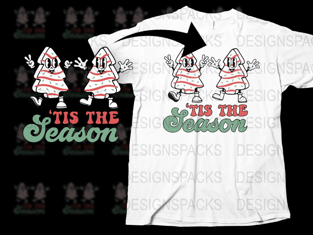 Festive Christmas Tree Characters T-Shirt, 'Tis The Season Holiday Graphic Tee, Unisex Casual Winter Apparel