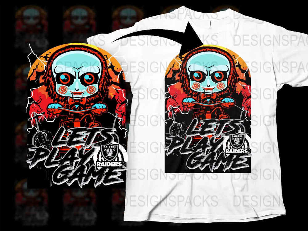 Creepy doll t-shirt design with 'Let's Play Game' text and Raiders logo, print-ready for DTG/DTF