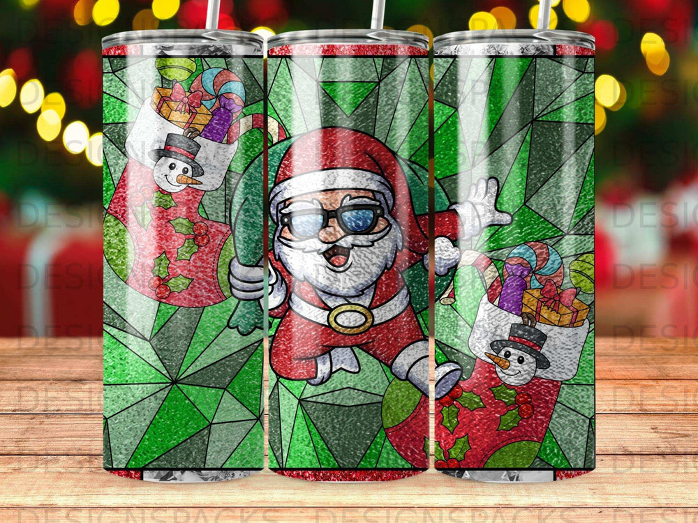 Santa Claus and a snowman with gifts, stained glass pattern tumbler.