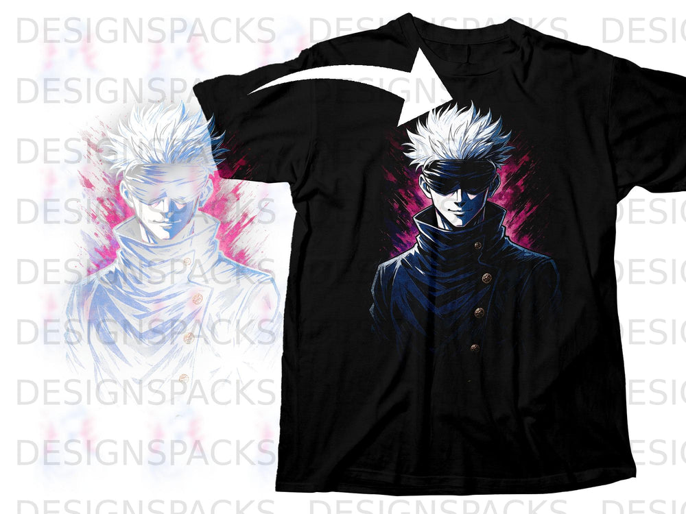 Black t-shirt with anime character Gojo Satoru printed on the front.