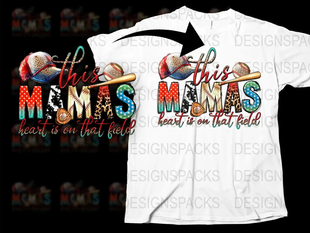 This Mama's Heart Is On That Field Baseball T-Shirt, Sports Mom Tee, Glitter Print Design, Gift for Mom, Softball Fan Shirt