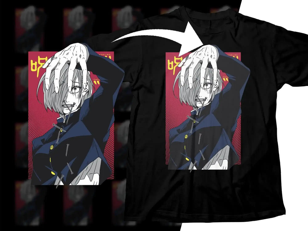 Anime character design on black t-shirt with nails and red background, print-ready graphic