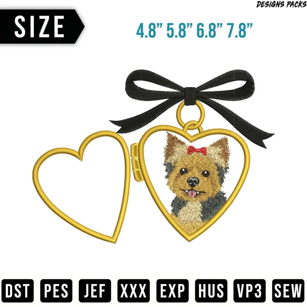 Yorkshire Terrier heart embroidery design with size options and file formats listed.