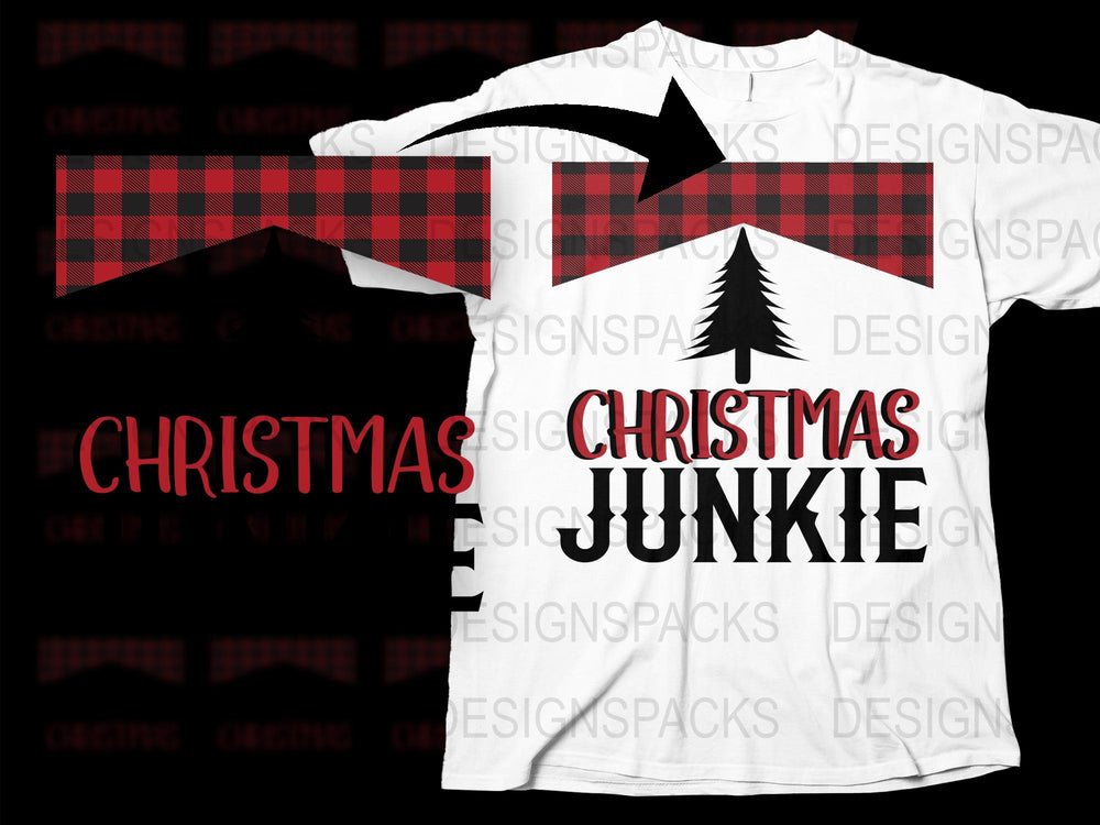 Christmas Junkie T-Shirt, Festive Holiday Red Plaid Tree Design, Casual Winter Apparel