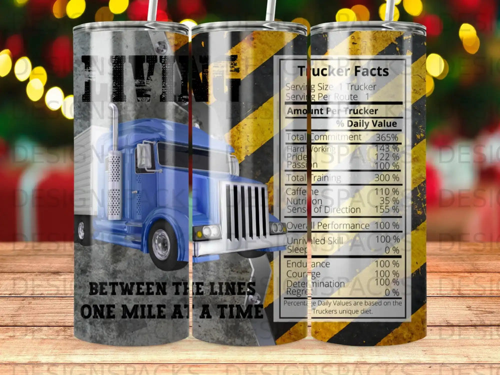 Blue semi-truck and "Trucker Facts" nutrition label on a tumbler.