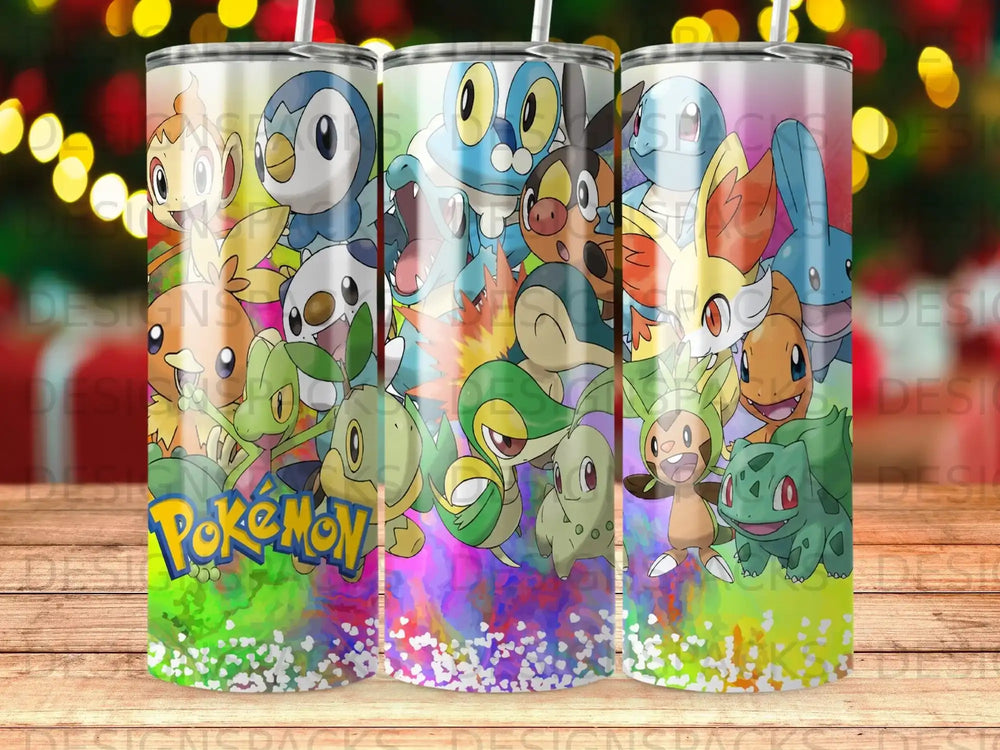Pokemon characters in a colorful, energetic arrangement on a tumbler.