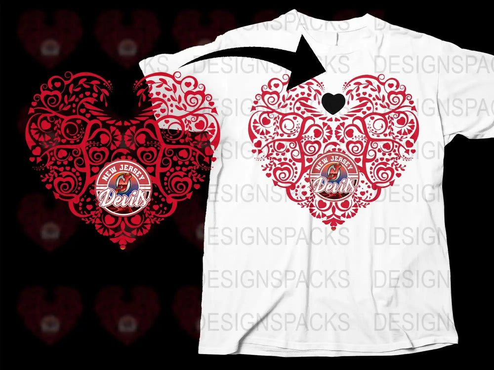 New Jersey Devils heart design t-shirt, red floral pattern with team logo, print-ready SVG/PNG