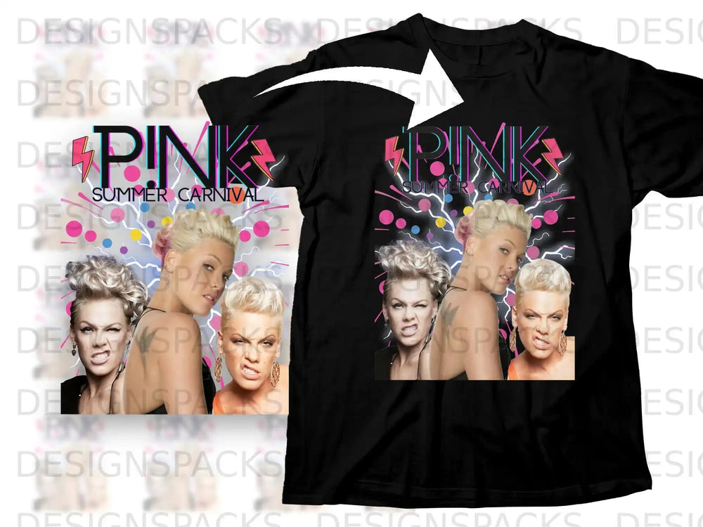 Pink Summer Carnival t-shirt featuring P!nk with lightning and confetti background.