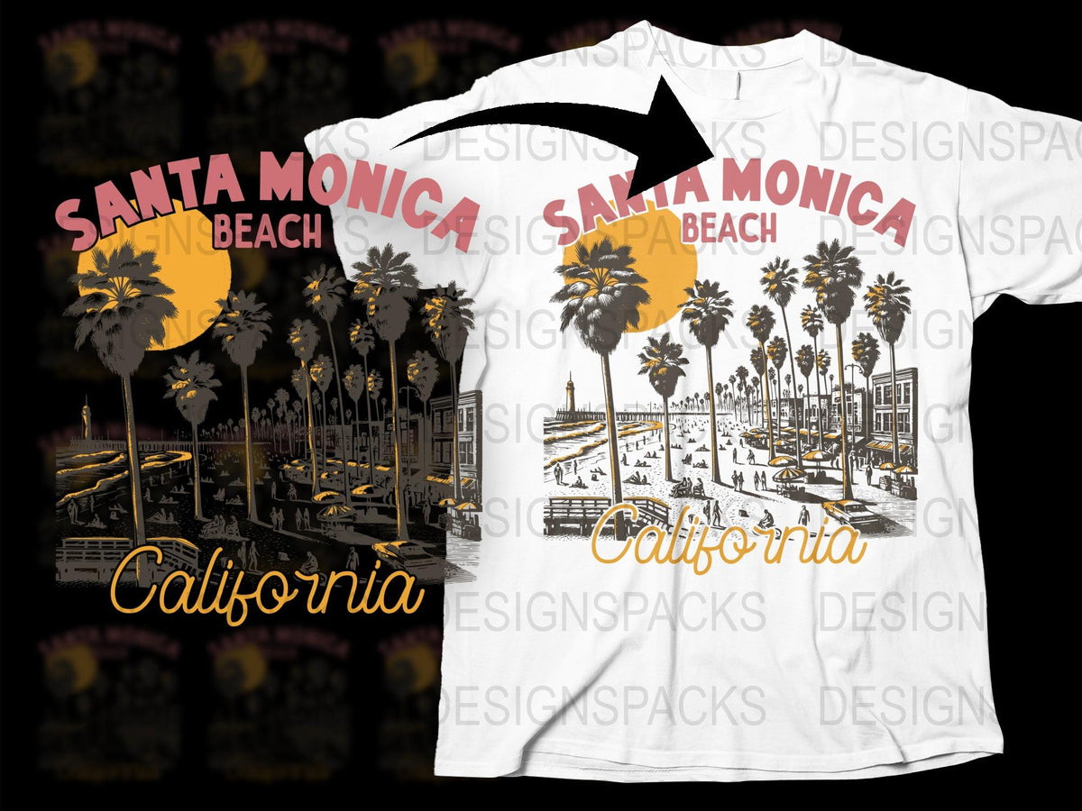 Santa Monica Beach California T-Shirt, Vintage Palm Trees, Sunset Graphic Tee, Unisex Fashion, Summer Top