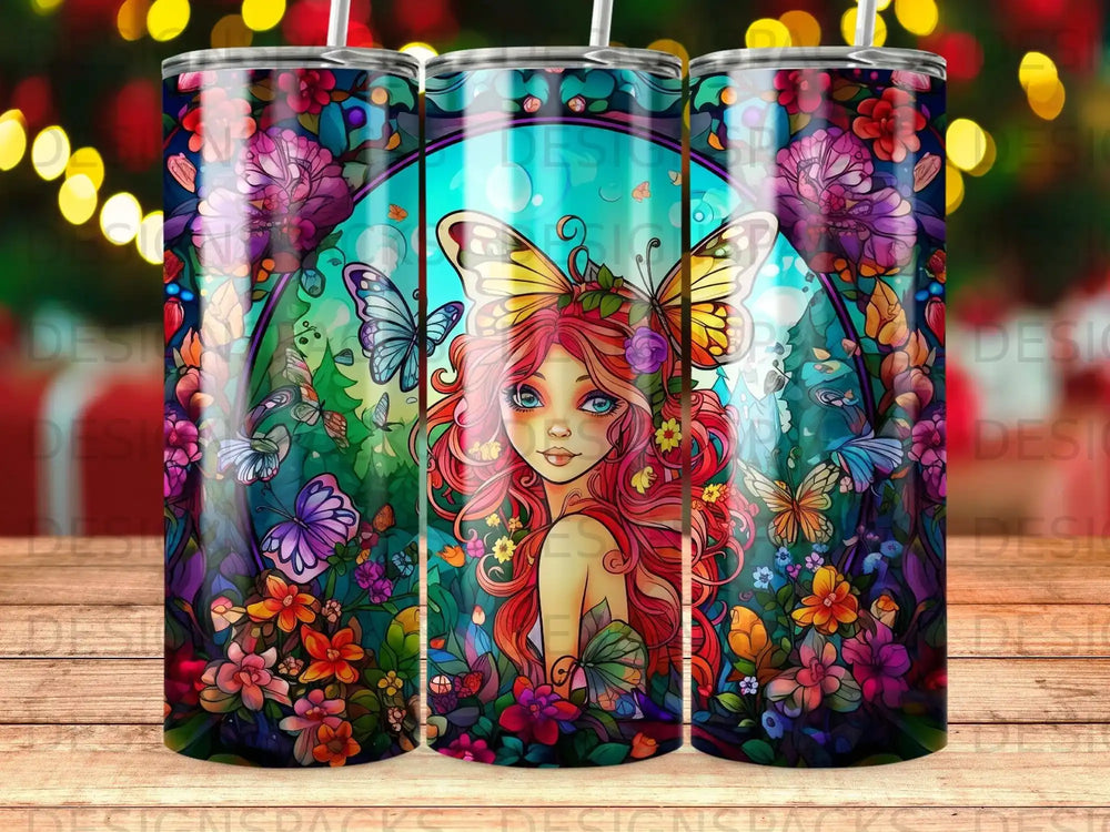 Fantasy illustration of a woman with butterfly wings in a vibrant floral landscape.