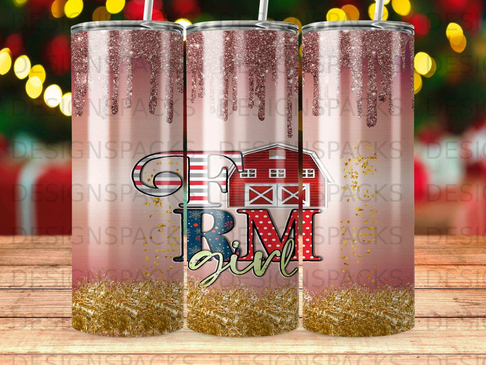 Glittery tumbler wrap design with "RM Girl" text and barn illustration.