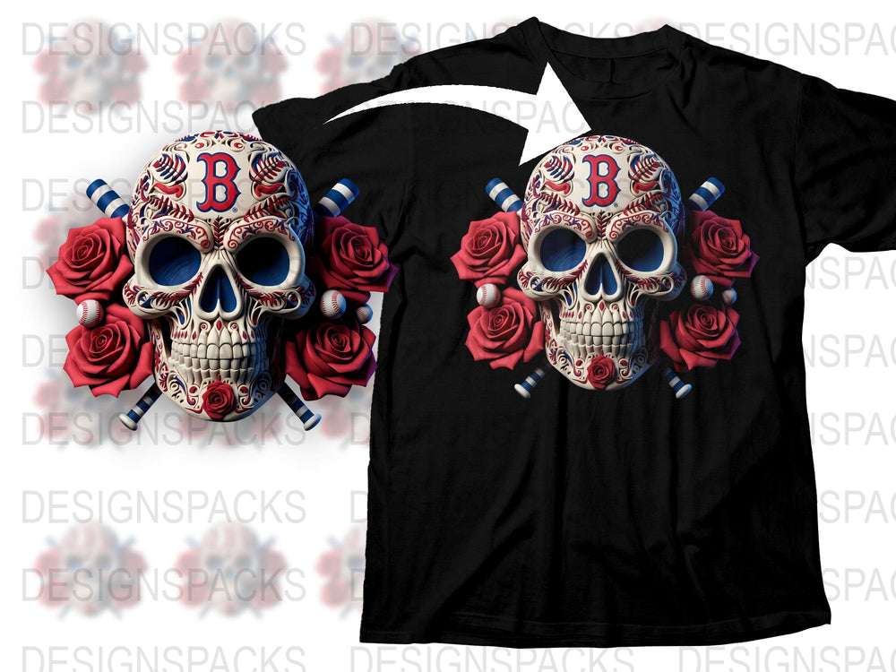 Gothic Skull T-Shirt, Boston Red Sox Inspired Floral Skull Design, Unisex Black Tee