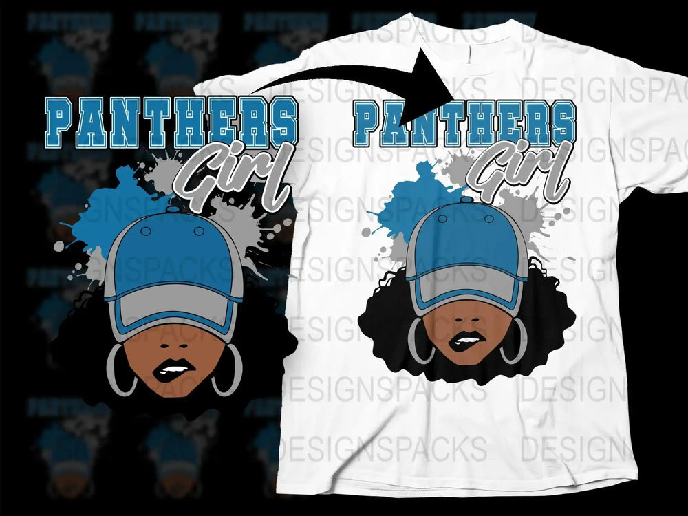 Panthers Girl t-shirt design with afro woman in cap, blue gray splatter, SVG PNG print-ready