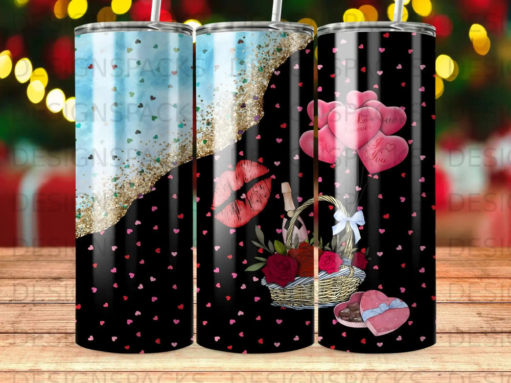 Tumbler with red lips, roses, hearts, and champagne bottle illustration.