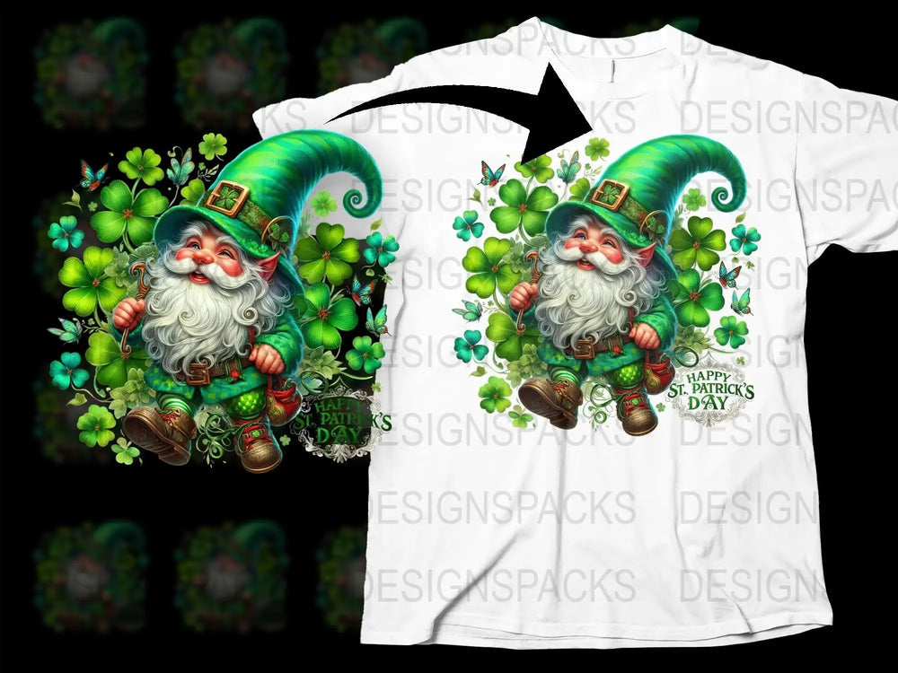 St. Patrick's Day gnome design with shamrocks on white t-shirt, print-ready for DTG/DTF