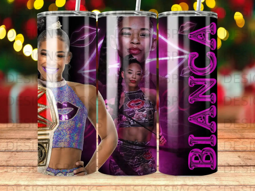 Bianca Belair on WWE tumbler with purple accents and wrestling belt.