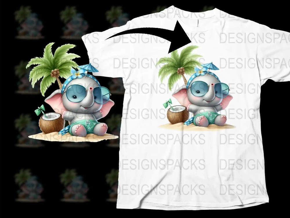 Cute Elephant T-Shirt, Tropical Coconut Design, Kids Summer Beachwear, Colorful Graphic Tee