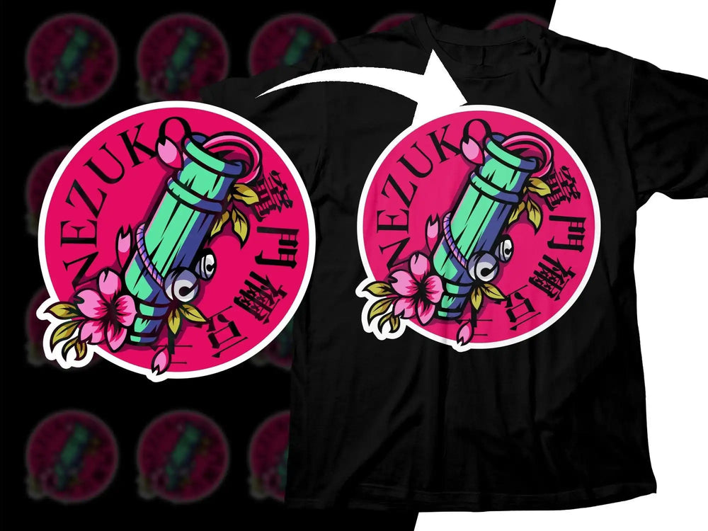 Vibrant pink and green tattoo-style t-shirt design with floral accents and bold text
