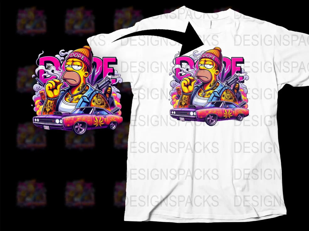 Vibrant DTF/DTG t-shirt design featuring cartoon character with 'DOPE' text and classic car