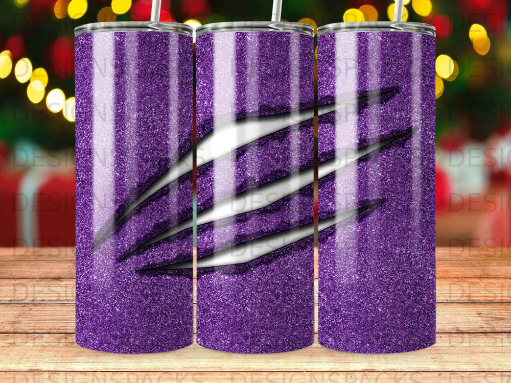 Purple glitter tumbler with claw marks.
