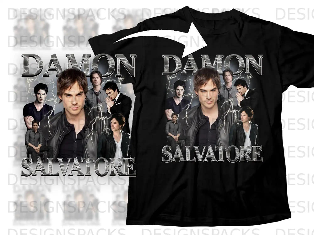 Black t-shirt with Damon Salvatore from The Vampire Diaries portrait and text.