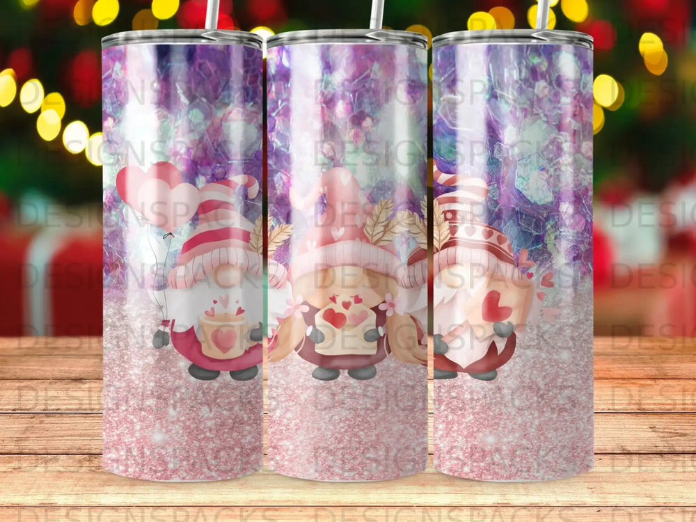 Three gnomes in a line with hearts and pink glitter background.