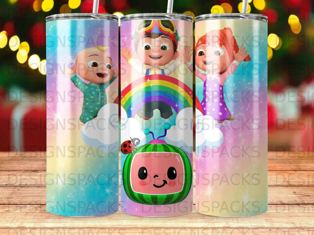 Three tumblers featuring cartoon characters and a rainbow.