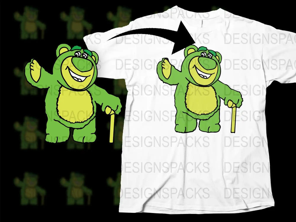 Green bear design on white t-shirt, print-ready for DTG or DTF, cheerful cartoon style