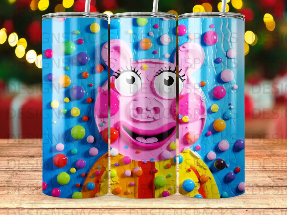 Pink pig character with colorful dots on a striped background.